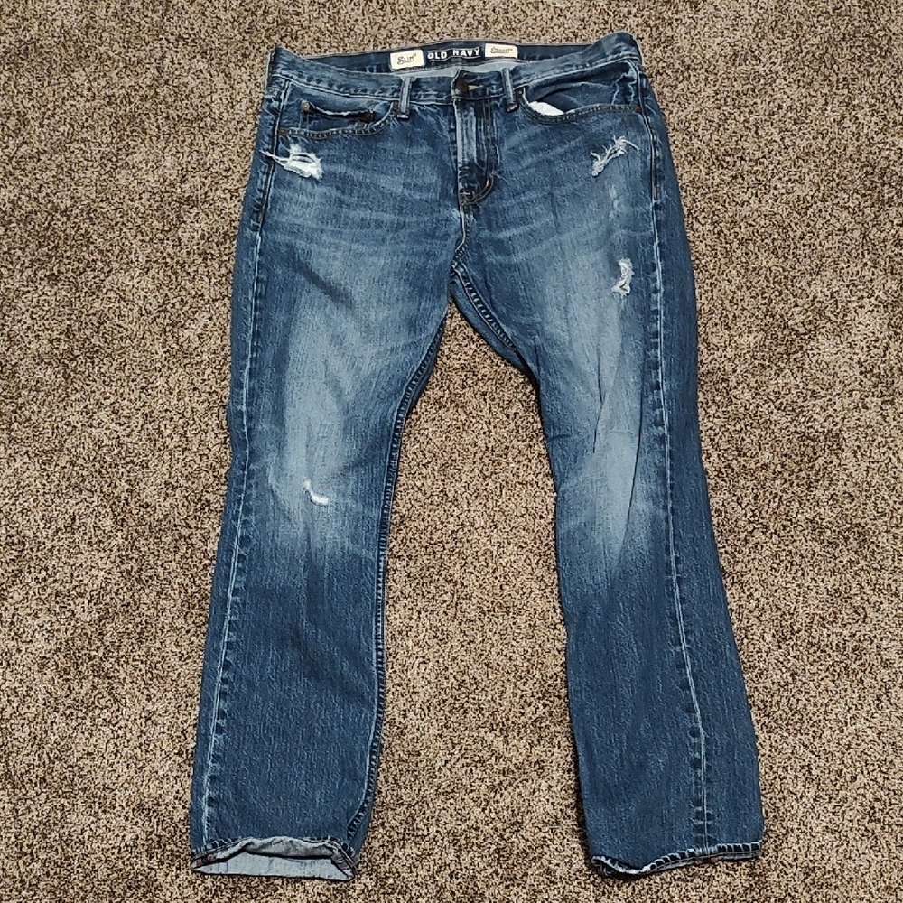 Old Navy Men's Blue Straight-Leg Jeans with Light Distressing